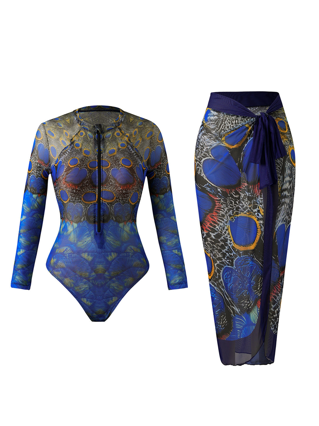 Damen Eleganter Badeanzug mit langem Arm und transparente Wickelrock R&B