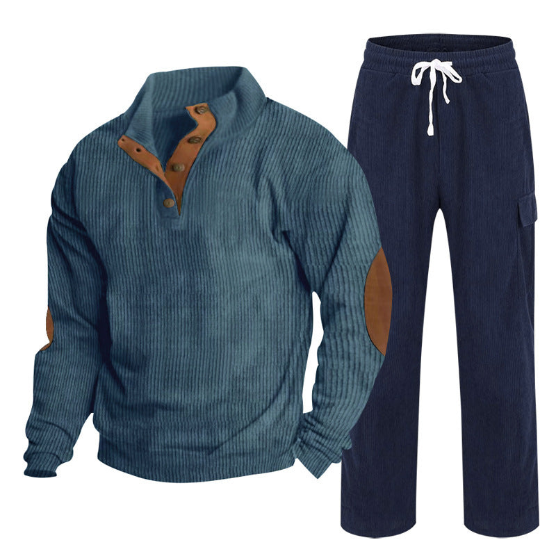Herren nan Strick-Freizeitset mit Knopfleiste und Ellenbogenaufnähern sowie Cord-Cargohose R&B