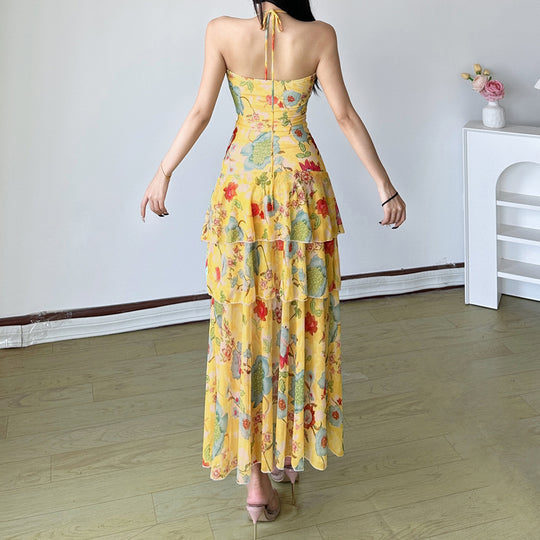Damen fließendes Maxi-Kleid mit Blumenmuster und Rüschen R&B