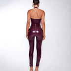 Damen Körperbetontes Jumpsuit aus glanzvollem Material mit tiefem V-Ausschnitt und schlankem Schnitt EB
