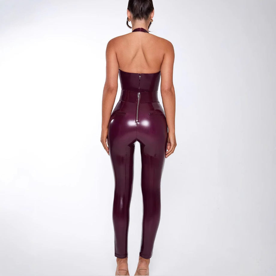 Damen Körperbetontes Jumpsuit aus glanzvollem Material mit tiefem V-Ausschnitt und schlankem Schnitt EB