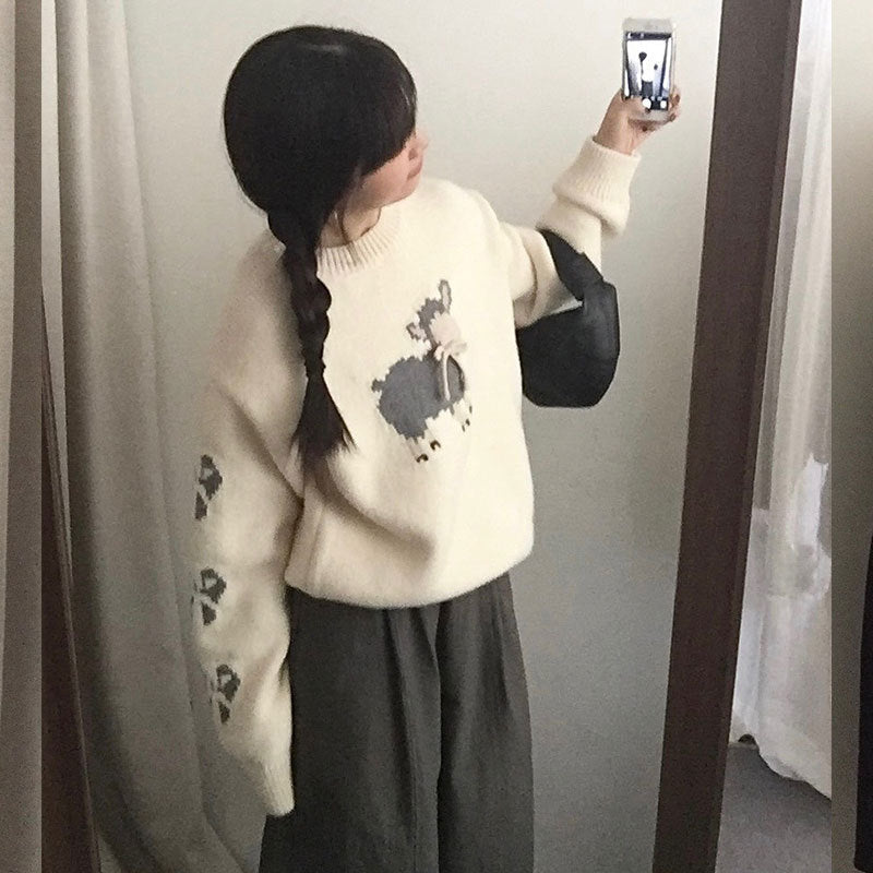Damen kuscheliger Strickpullover mit aufwendigem Tiermotiv R&B