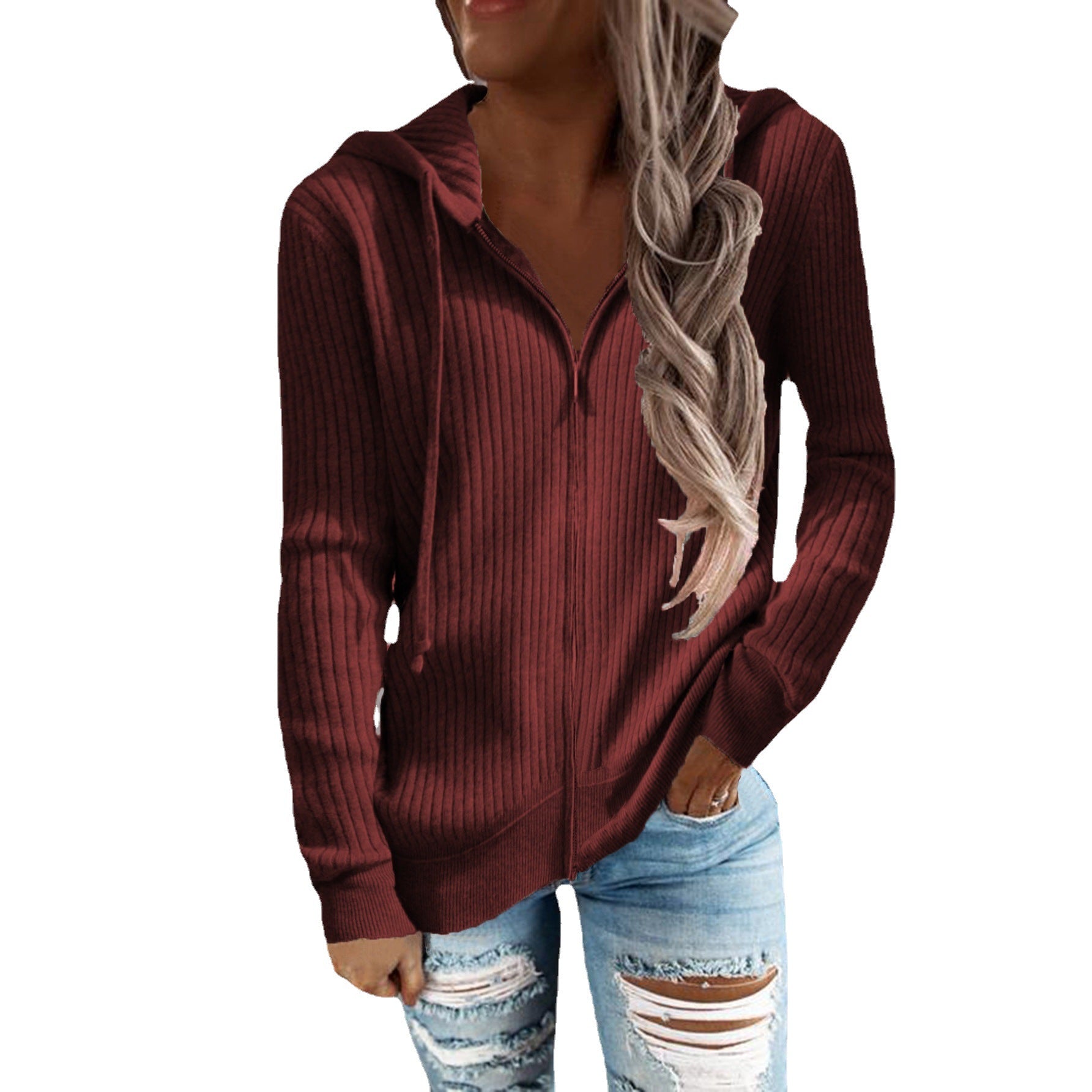 Damen Kapuzenjacke im modernen Rippenstrickdesign mit Taschen R&B