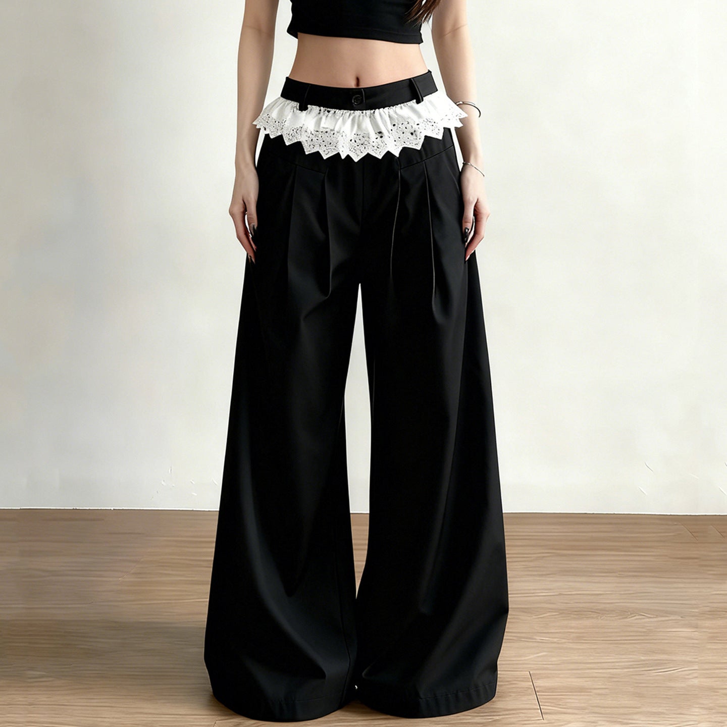 Damen Elegante weite High-Waist-Hose mit Spitzenbesatz R&B