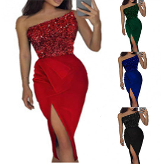 Damen Glamouröses Abendkleid mit asymmetrischem Ausschnitt und schimmerndem Oberteil R&B