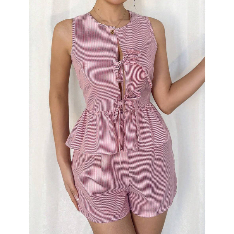 Damen Sommerliches Zweiteiliges Set mit Rüschendetails und verziertem Oberteil R&B