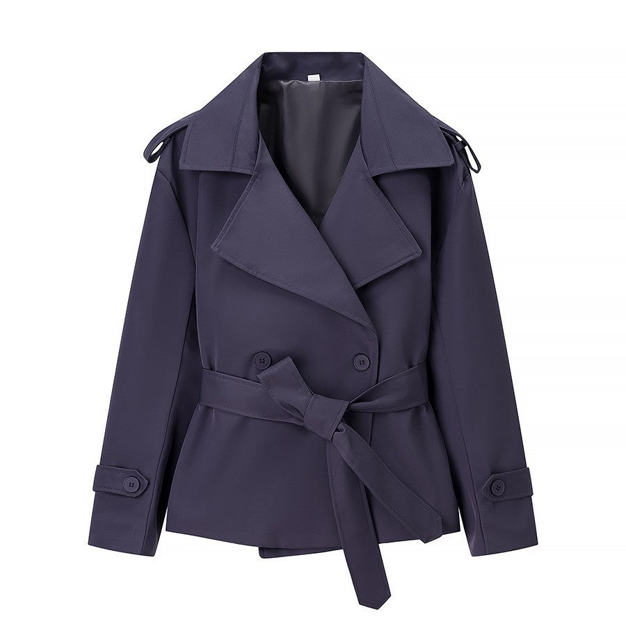 Damen nan kurzer taillierter Trenchcoat mit Bindegürtel, großem Revers und Manschettenriegel R&B