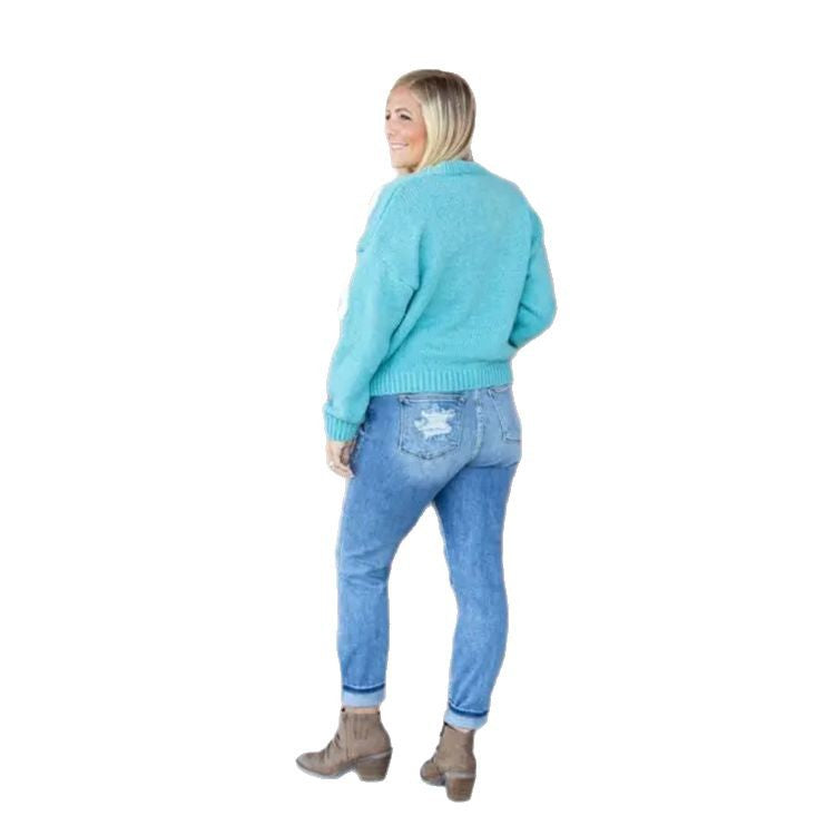 Damen Vintage Destroyed Jeans im entspannten Schnitt mit hohem Bund R&B