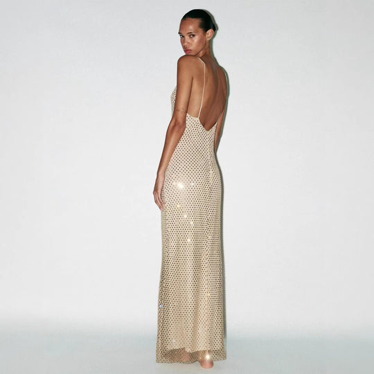 Damen Elegantes Maxikleid mit raffinierten Netzdetails und schmalen Spaghettiträgern R&B