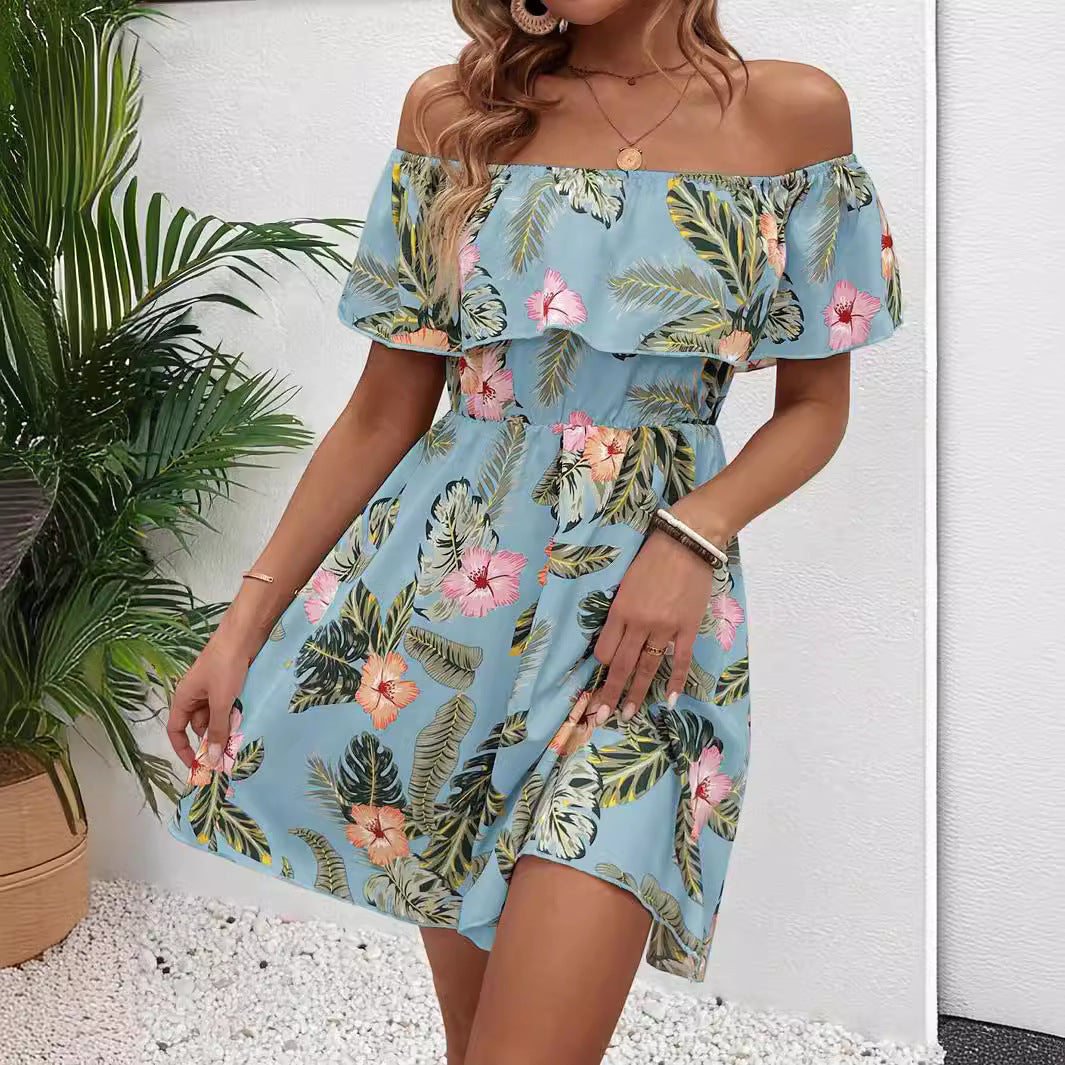 Damen nan schulterfreies Midikleid mit Volantoberteil, elastischer Taillenpartie und ausgestelltem A-Linien-Rock R&B