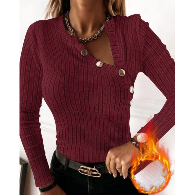 Damen Langarmshirt mit modischem Knopfdetail und Rippstruktur R&B