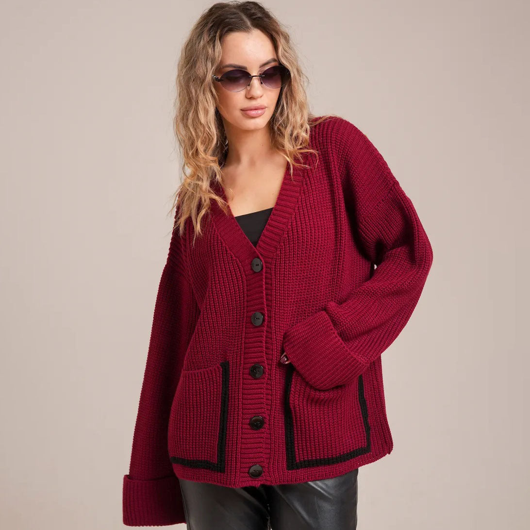Damen Lässiger Strickcardigan mit breiten Ärmeln und kontrastierenden Taschen