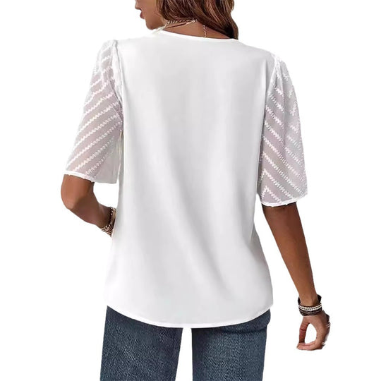 Damen nan elegantes Chiffon-Oberteil mit plissierter V-Passe und transparenten Zickzackärmeln R&B