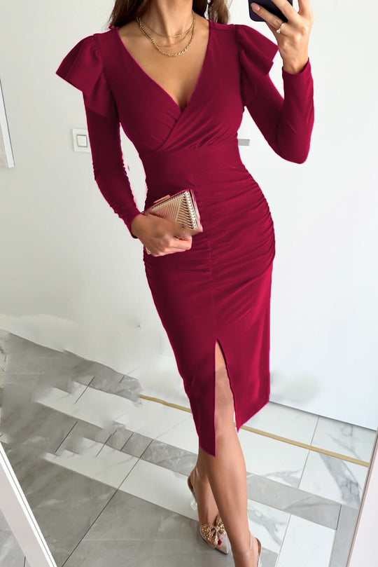 Damen Wickelkleid mit Raffungen und voluminösen Ärmeln R&B