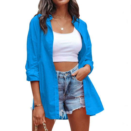 Damen lässige Leinenbluse mit langen Ärmeln und Knopfleiste R&B