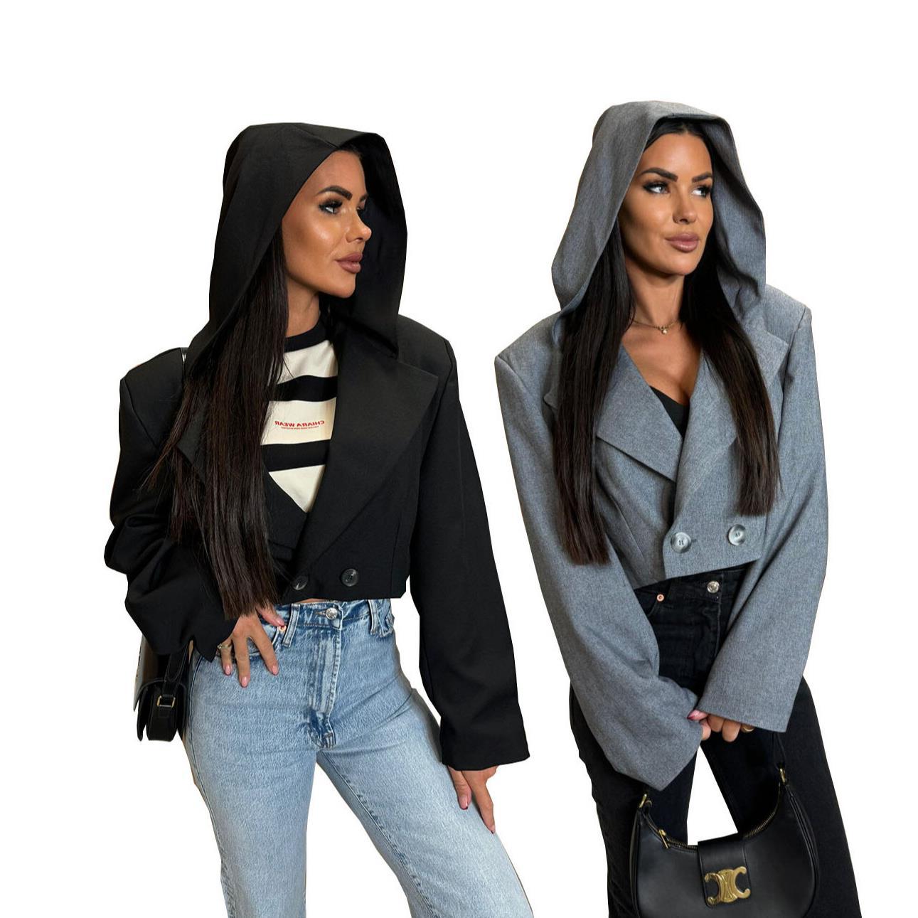 Damen Modische Jacke mit Kapuze und doppelter Knopfleiste R&B
