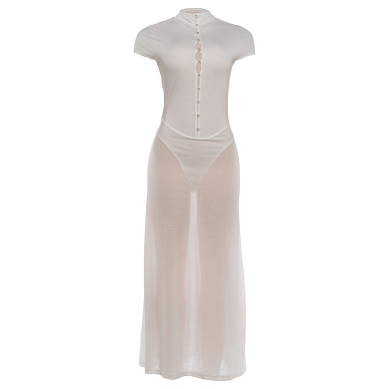 Damen Elegantes Maxikleid mit kurzer Knopfleiste und transparentem Stoff R&B