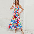 Damen Langärmliges Maxi-Kleid mit verspieltem Mehrfarbigem Design R&B