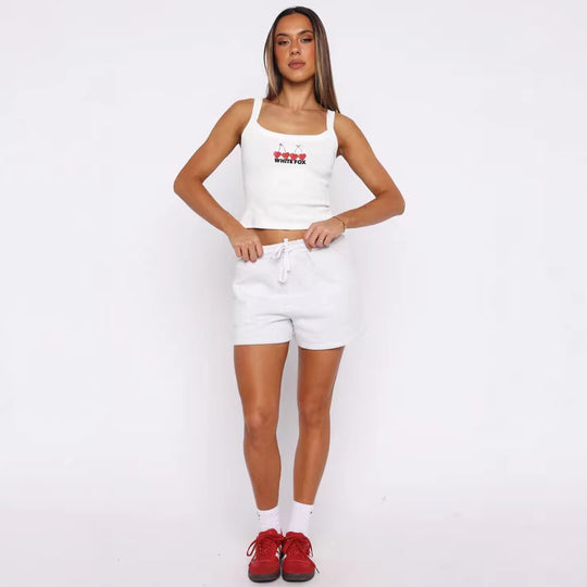 Damen Crop-Top mit Kirschstickerei und elastischem Baumwollmaterial R&B