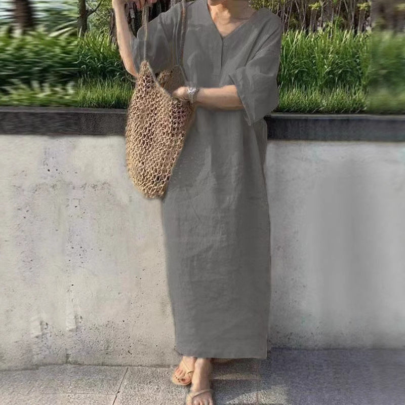 Damen lässiges Leinen-Midikleid mit V-Ausschnitt und weit geschnittenen Ärmeln R&B