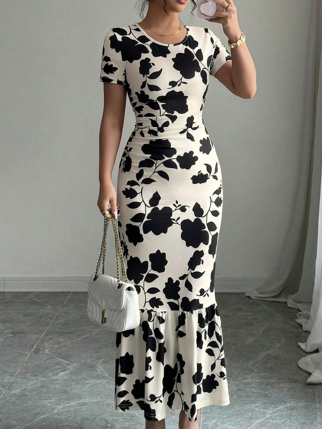 Damen Elegantes figurbetontes Kleid mit Rüschen-Saum und floralem Muster R&B