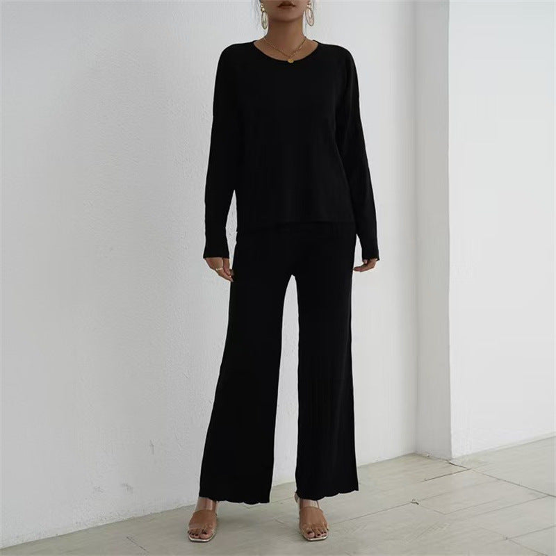 Damen lässiges und elegantes Strick-Loungewear-Set mit weitem Bein und feinen Rippenstrukturen R&B