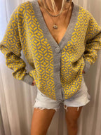 Damen Grober Strickjacke mit V-Ausschnitt und auffälligem Muster R&B