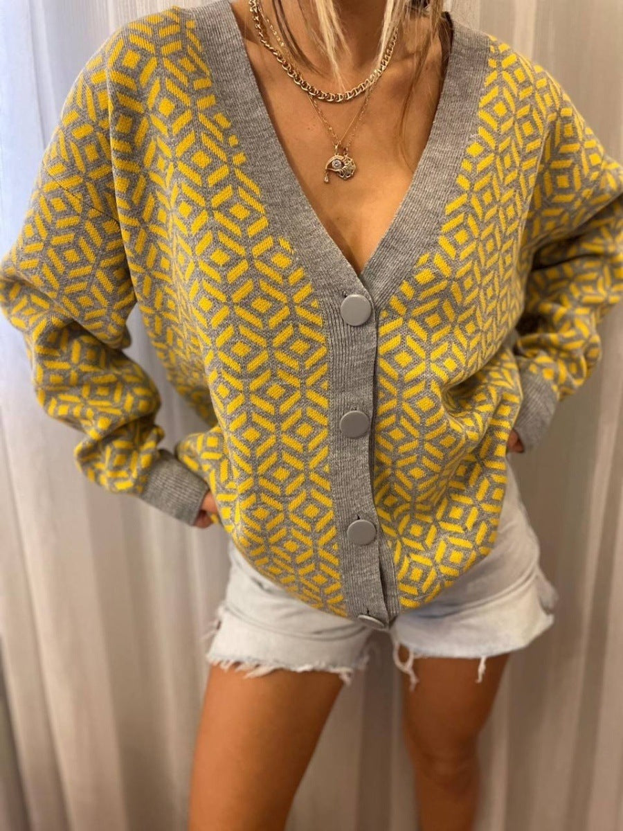 Damen Grober Strickjacke mit V-Ausschnitt und auffälligem Muster R&B