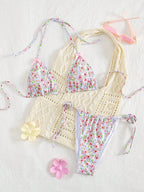 Damen Triangel-Bikini mit floralem Muster und vielseitigem Höschen