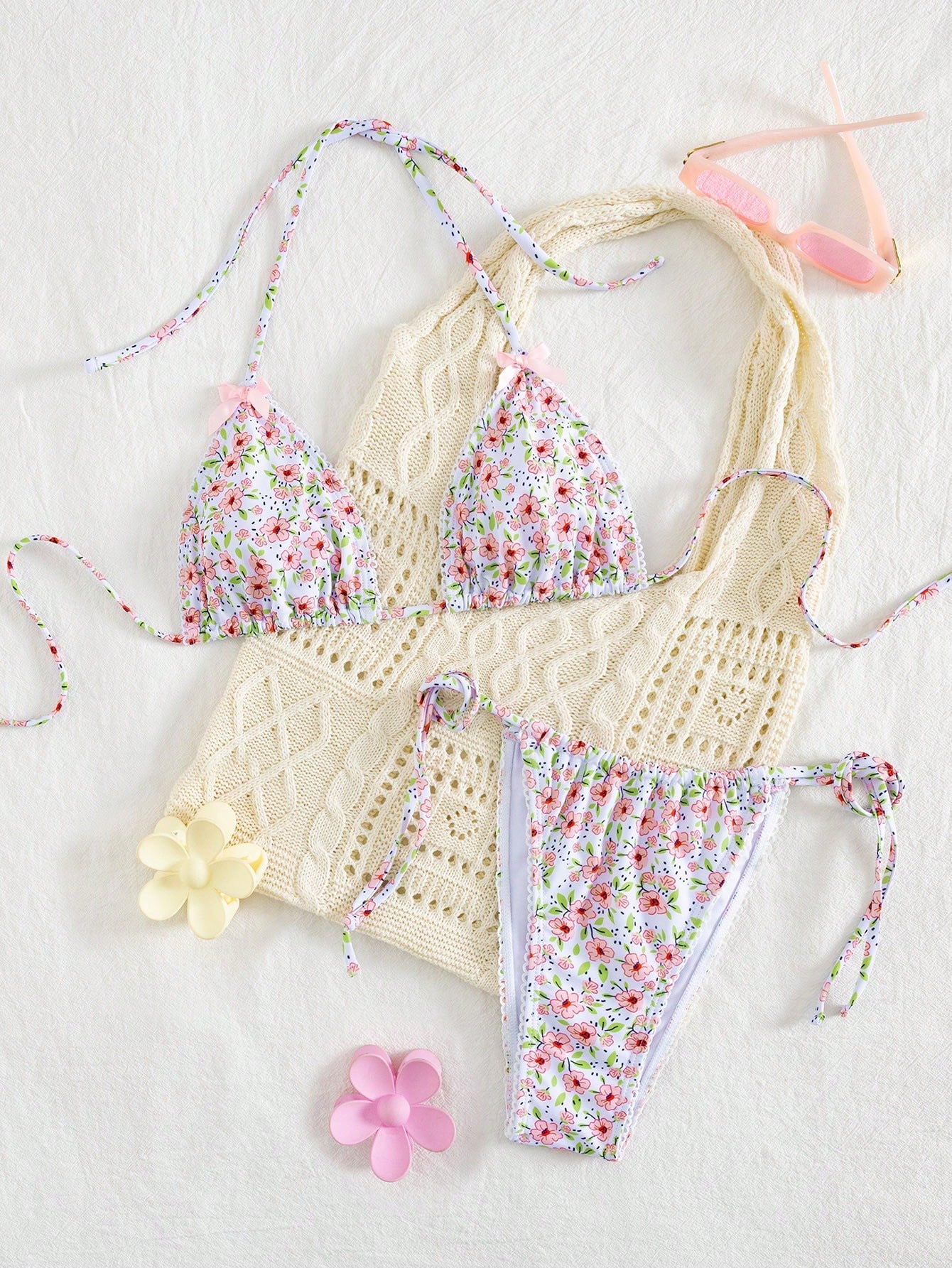 Damen Triangel-Bikini mit floralem Muster und vielseitigem Höschen