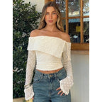 Damen Off-Shoulder Oberteil mit eleganten Rüschendetails und langen Ärmeln R&B
