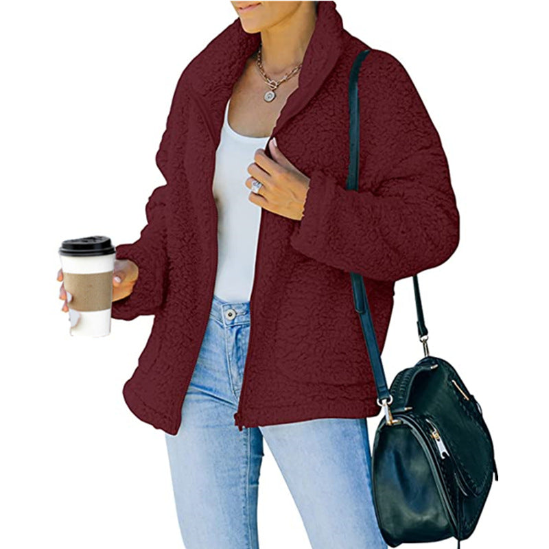 Damen kuschelige Fleecejacke mit Oversized-Schnitt und tiefem Kragen R&B