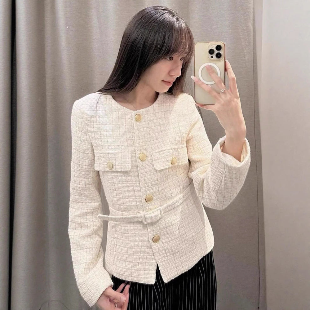 Damen elegante Tweed-Jacke mit doppelter Knopfleiste und praktischen Taschen R&B