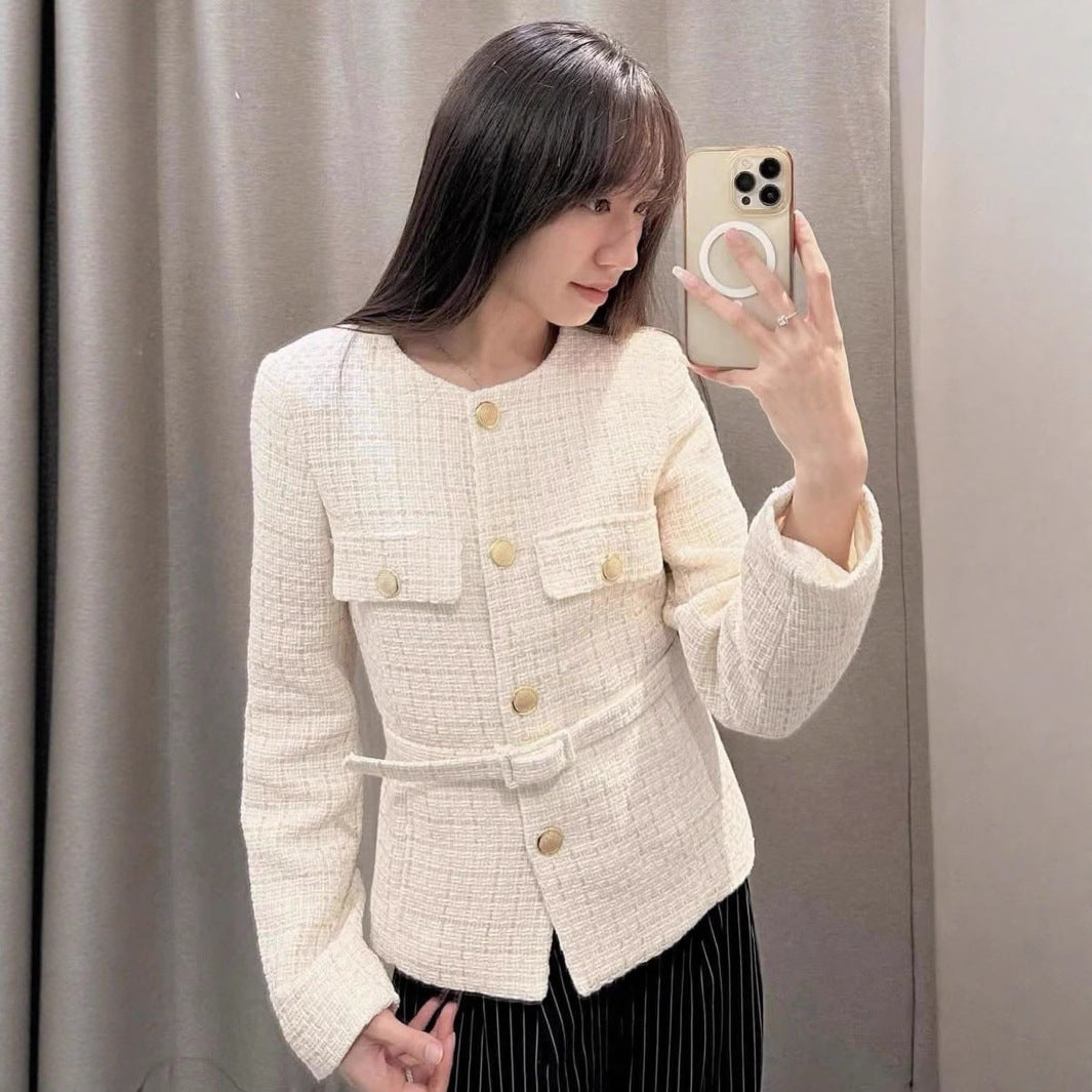 Damen elegante Tweed-Jacke mit doppelter Knopfleiste und praktischen Taschen R&B