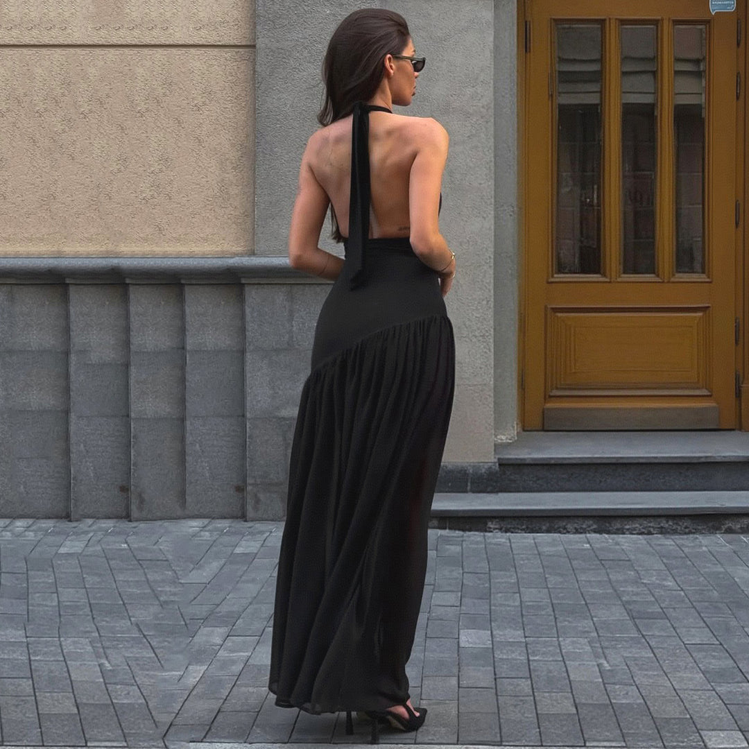 Damen Elegantes Maxikleid mit raffiniertem Halterdesign und transparentem Rock R&B