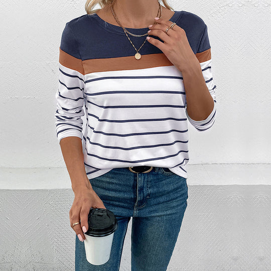 Damen Langarmshirt mit modischem Streifenmuster und farblich abgesetztem Oberteil R&B