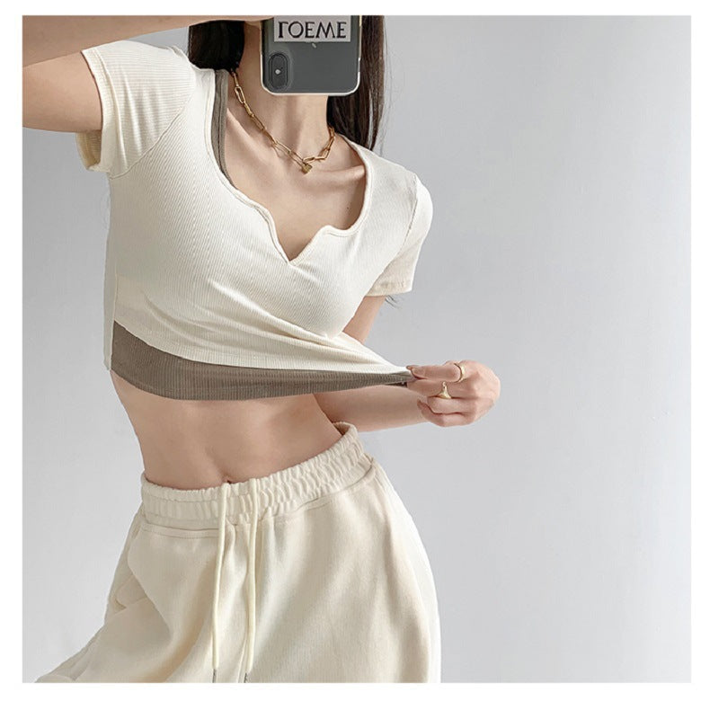 Damen lässiges cropped Oberteil mit modischem V-Ausschnitt und Textur