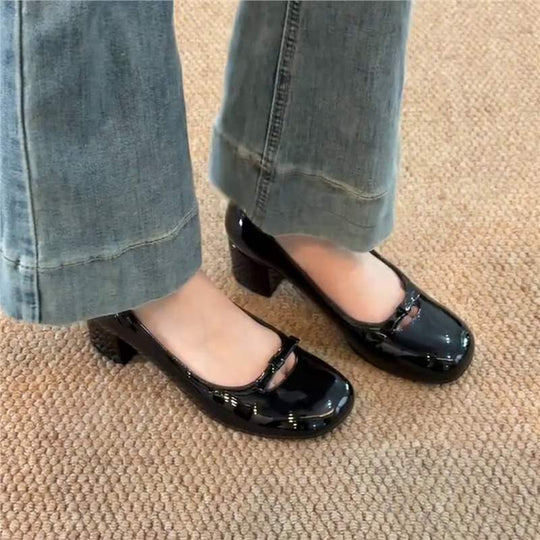Damen Ballerinas mit komfortablem Blockabsatz und floraler Schnallenverzierung R&B