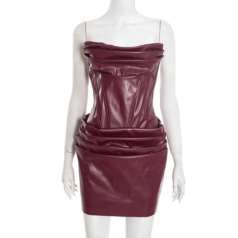 Damen Raffiniertes Minikleid aus hochwertigem Kunstleder mit drapierten Details R&B