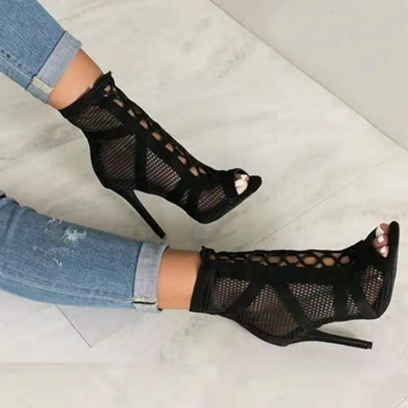 Damen Peeptoe Ankle Boots mit hochmodernem Netzdesign und elegantem Blockabsatz R&B