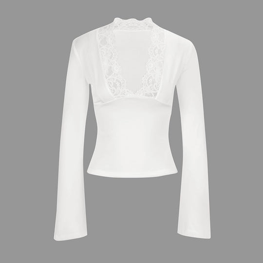 Damen Elegantes Langarm-Top mit Spitzenkragen R&B
