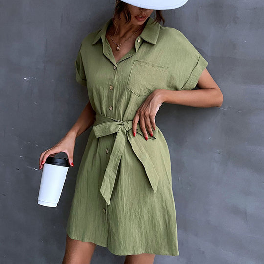 Damen Hemdblusenkleid mit Taillengürtel und Kurzarm R&B