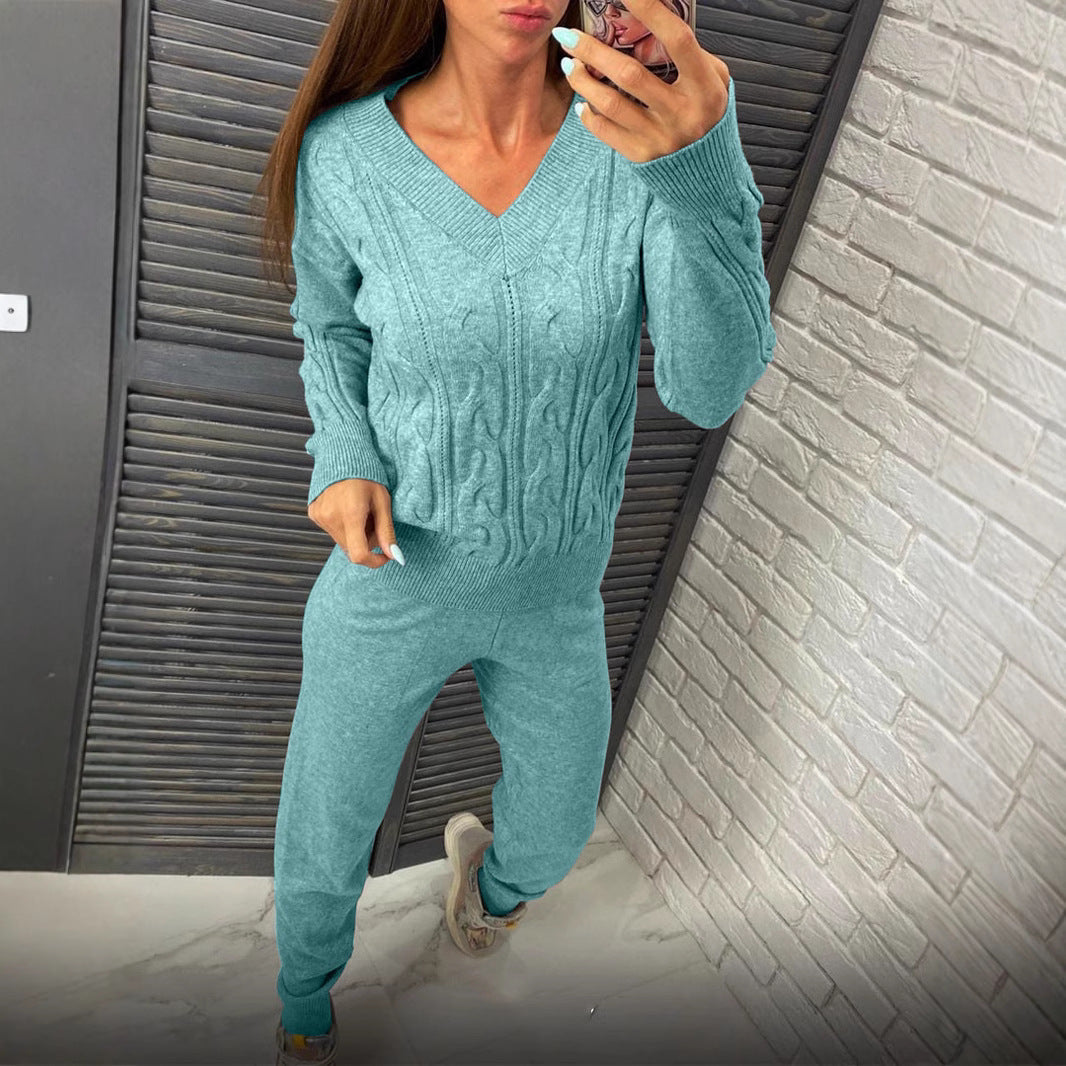 Damen gemütlicher Strickanzug mit V-Ausschnitt und Zopfdesign R&B
