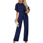 Damen langer Jumpsuit mit innovativem Bindegürtel und angeschnittenen Ärmeln R&B