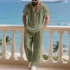 Herren komfortables Freizeit-Set mit modischem Henley-Oberteil und lockeren Hosen R&B