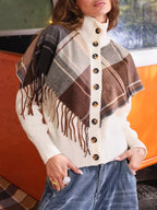 Damen eleganter Cardigan mit Fransen und dekorativen Knöpfen R&B