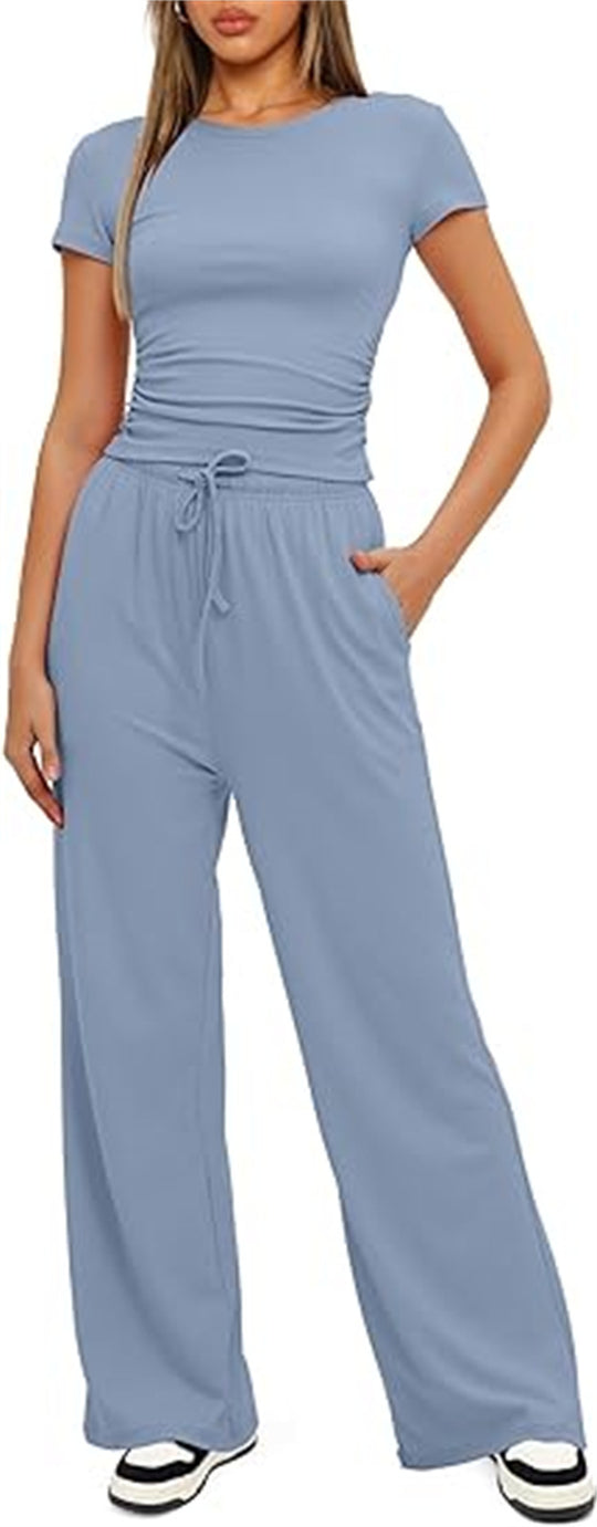 Damen lässiger Zweiteiler mit cropped Oberteil und weitem Beinkleid R&B