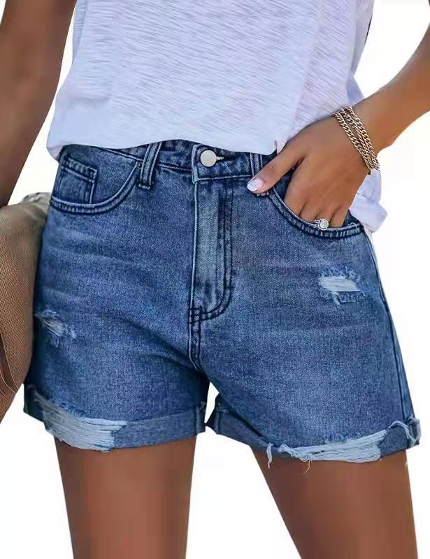 Damen Sommerliche Destroyed Jeansshorts mit umgeschlagenem Saum R&B