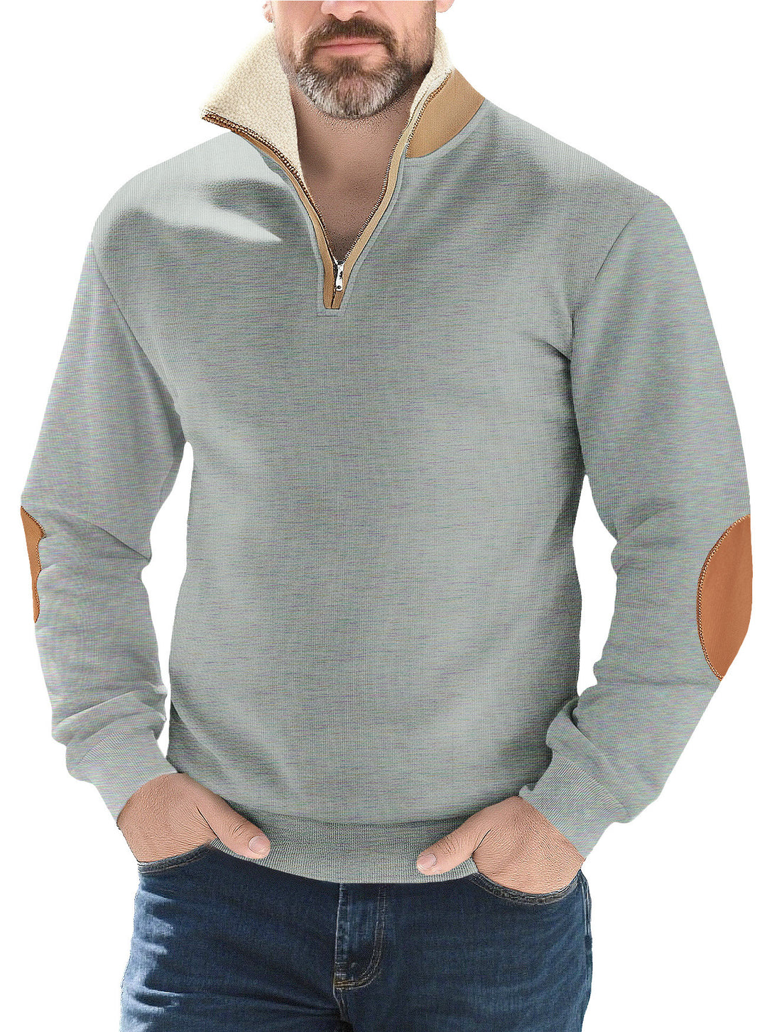 Herren nan Strukturstrick-Halbzipppullover mit wärmendem Sherpa-Kragen und Velours-Ellenbogenapplikation R&B