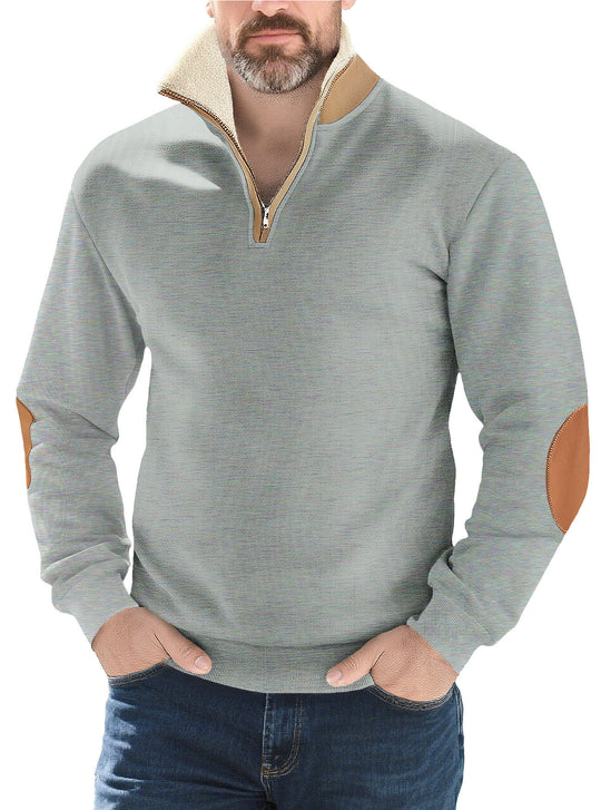 Herren nan Strukturstrick-Halbzipppullover mit wärmendem Sherpa-Kragen und Velours-Ellenbogenapplikation R&B